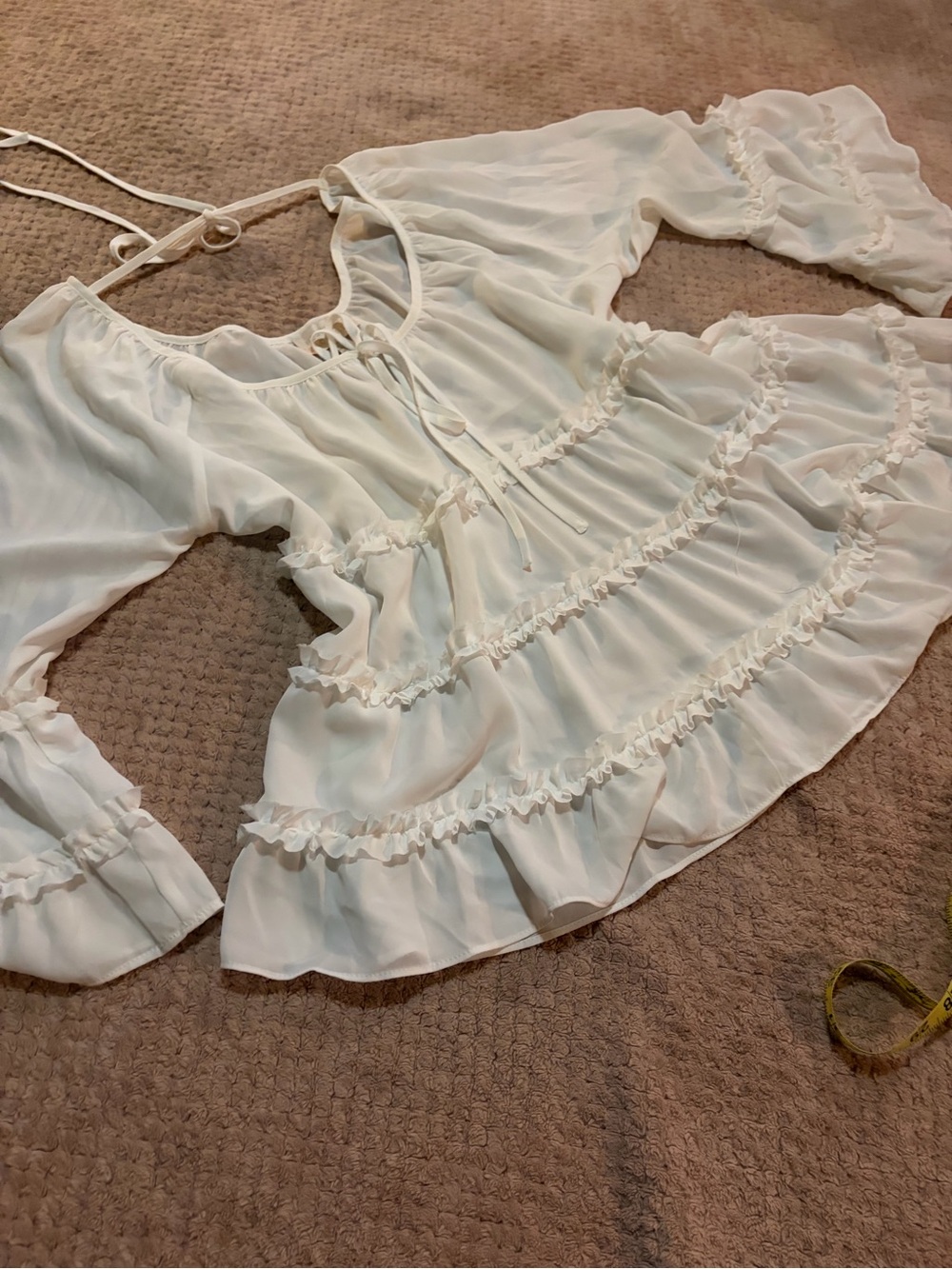 Boho White Ruffled Tie-Neck Peasant Blouse - Picture 2 of 7